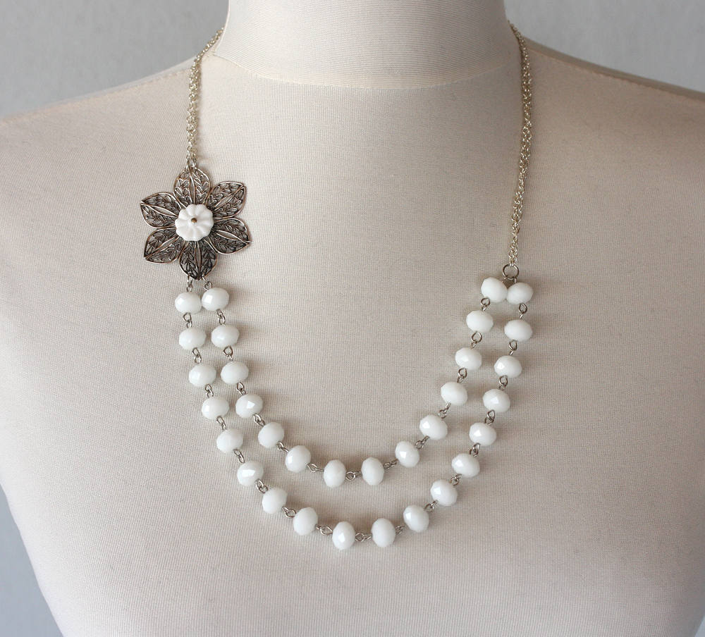 Christmas Gift, Bridal Jewelry Vintage Inspired Asymmetrical Necklace Flower Necklace Bridesmaids Necklace White Jewelry Gift For Her