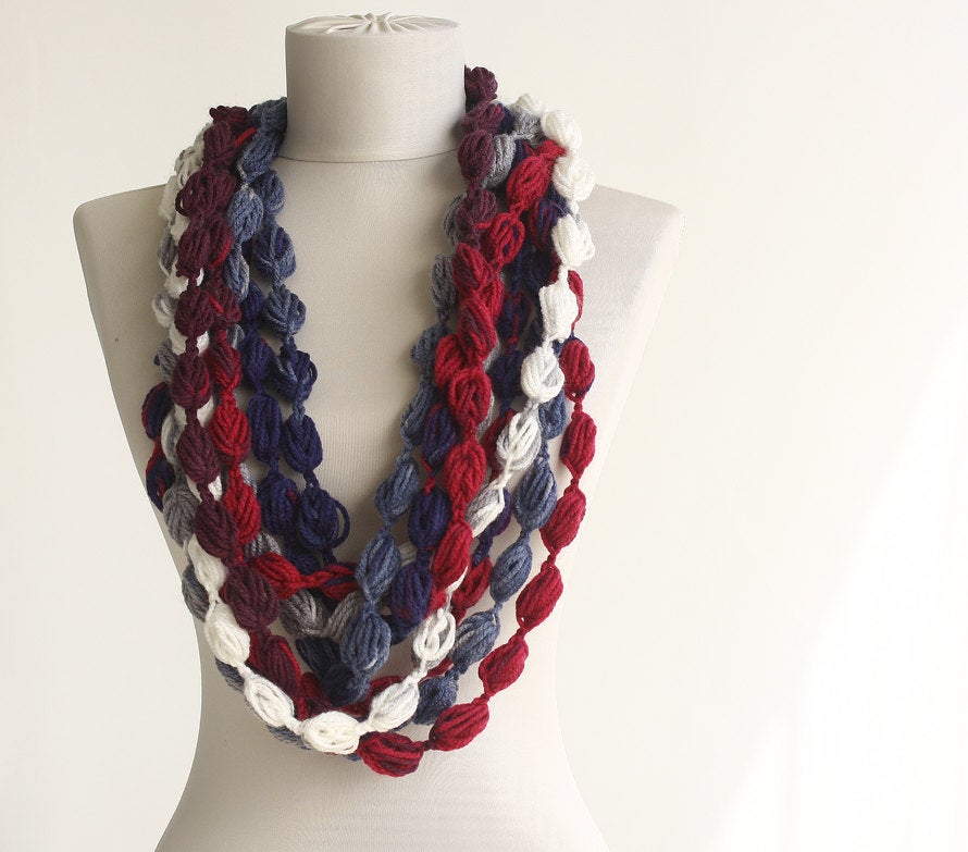 Crochet Infinity Scarf In Navy Blue Red And White, Bubble Crochet Scarf, Fall Scarves For Women, Christmas Gift For Her