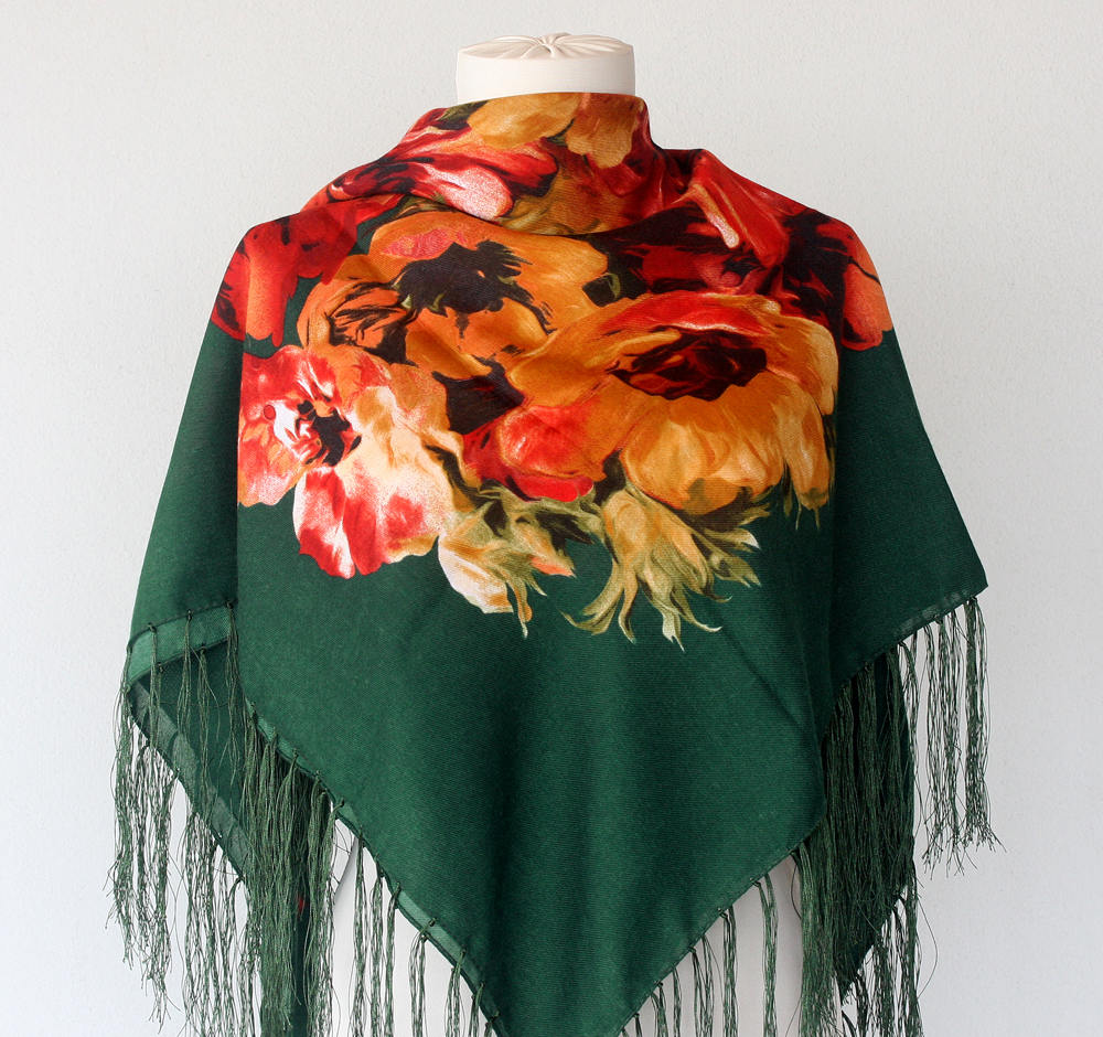 Green Fringe Scarf , Scarves For Women , Floral Square Scarf For Winter, Gift For Her