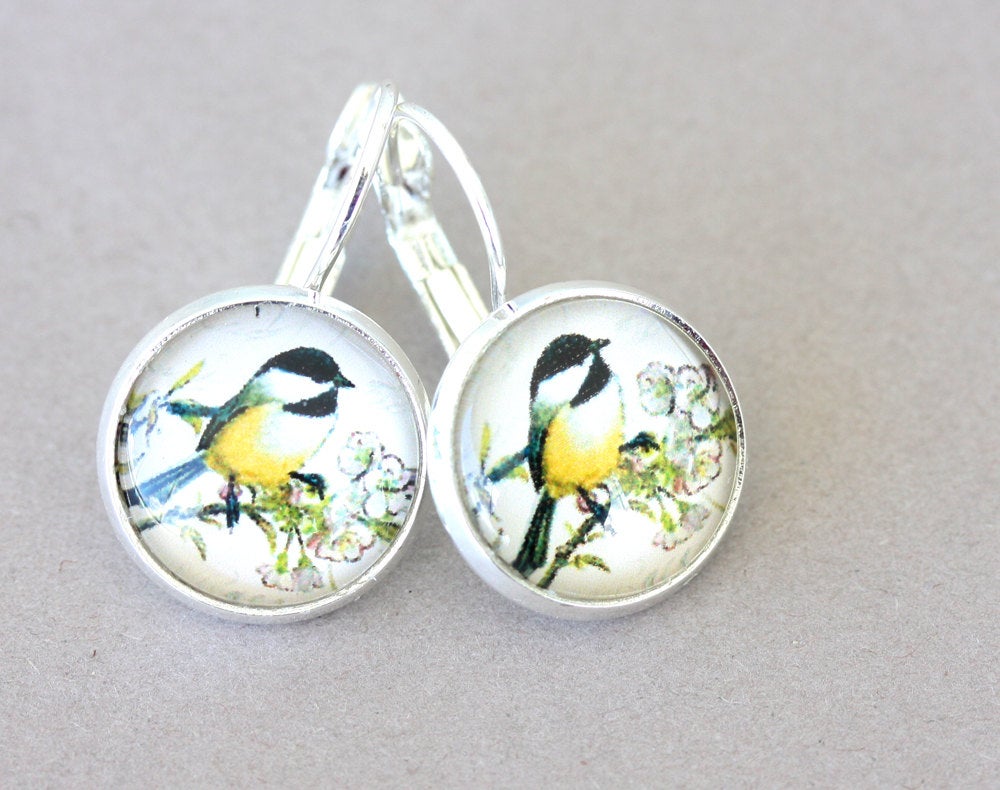 Bird Earrings Dangle Earrings Nature Earrings Chickadee Earrings Flower Branch Everyday Jewelry Nature Lovers Gift For Her Bird Jewelry