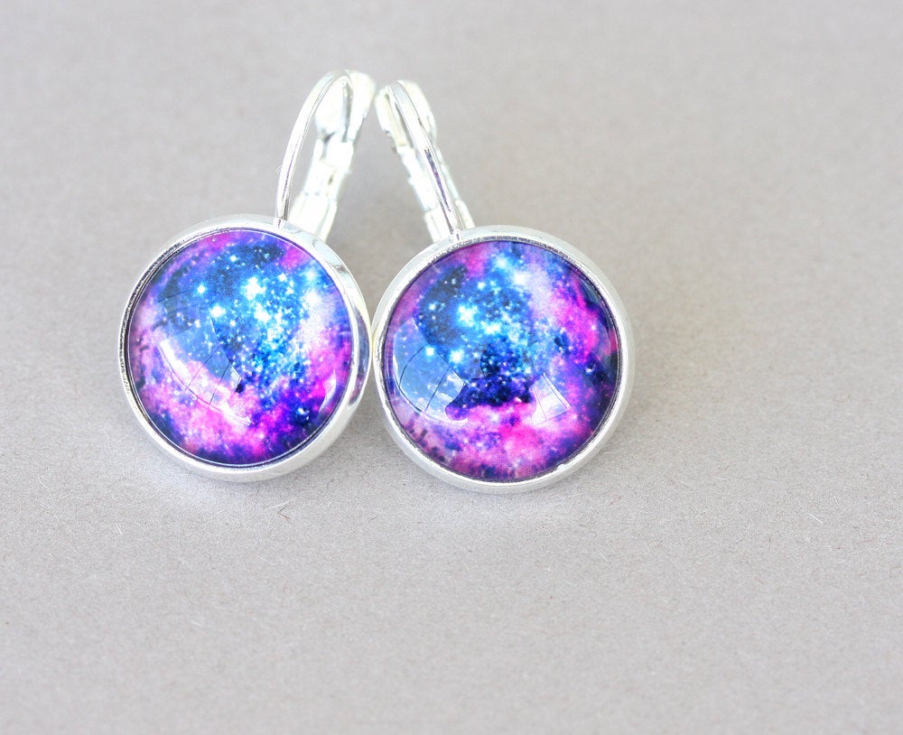 Purple Space Earrings Galaxy Earrings Nebula Earrings Galaxy Jewelry Dangle Earrings Celestial Earrings Glass Dome Earrings Astro
