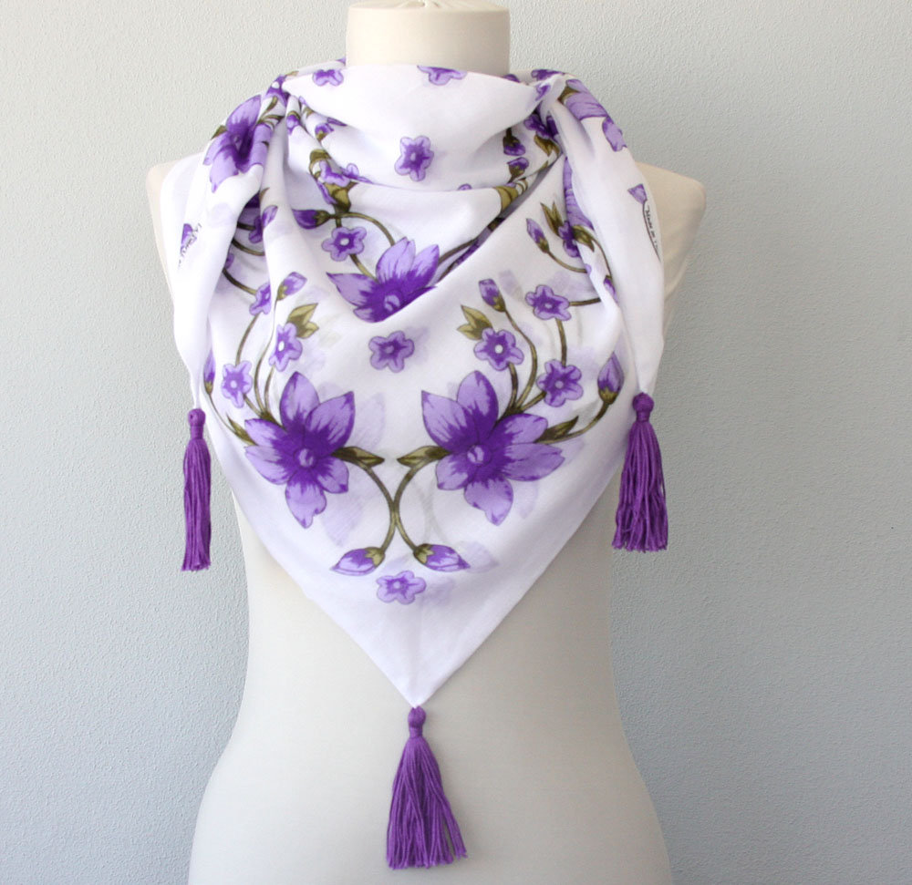 Purple Floral Boho Chic Scarf Women, Bohemian Scarf, Cotton Gauze Summer Scarf, Unique Gift For Her, Boho Accessories, Gypsy Style