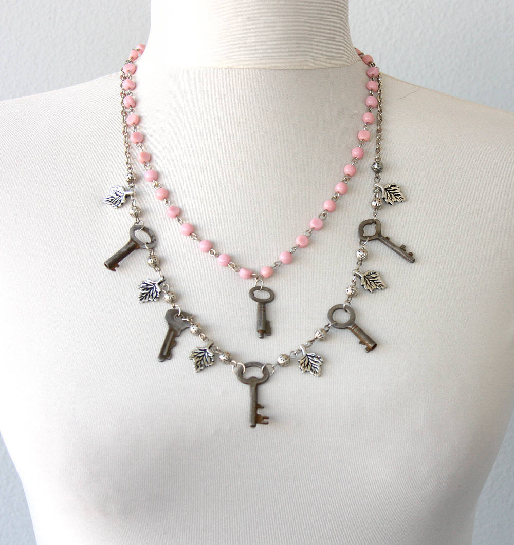 Small Vintage Keys Necklace, Unique Jewelry For Women, Pink Beaded Two Layered One Of A Kind Necklace Gift For Her, Leaf Charm Necklace