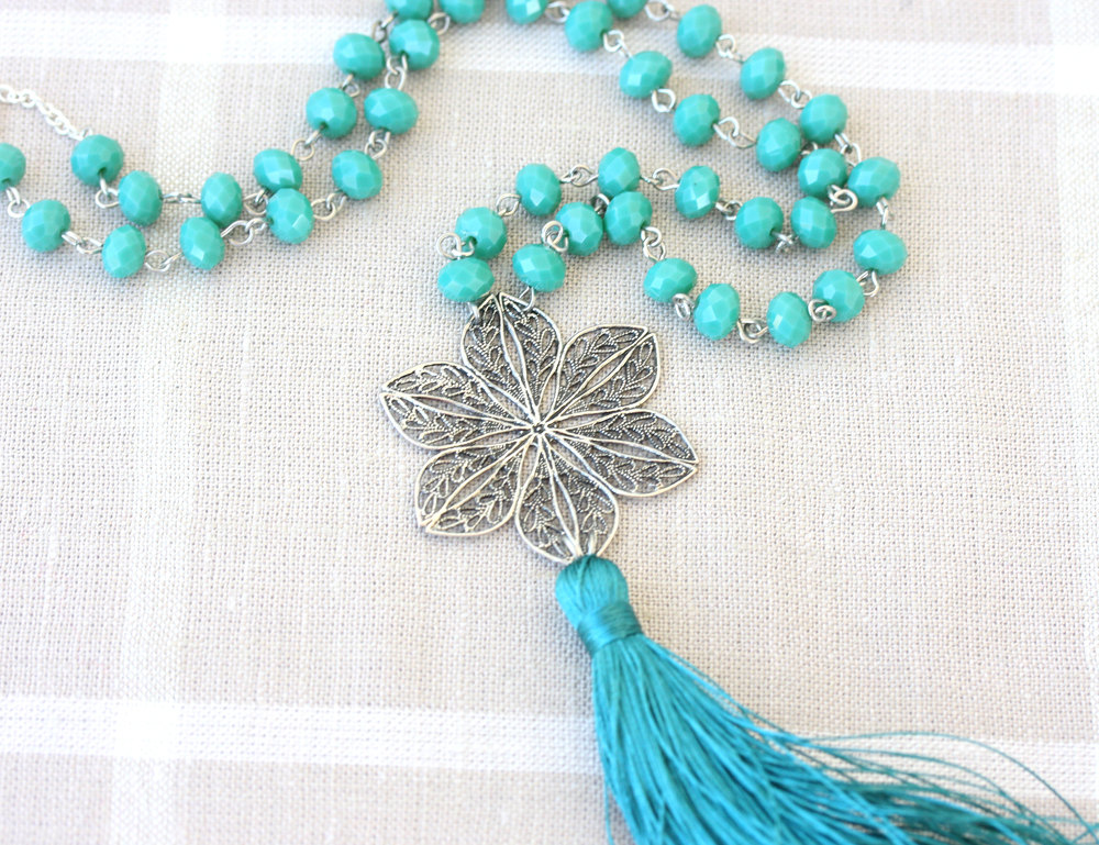 Teal Green Tassel Necklace Long Tassel Necklace Tassel Jewelry Bohemian Necklace Layered Necklace For Women Beaded Necklace Gift For Her