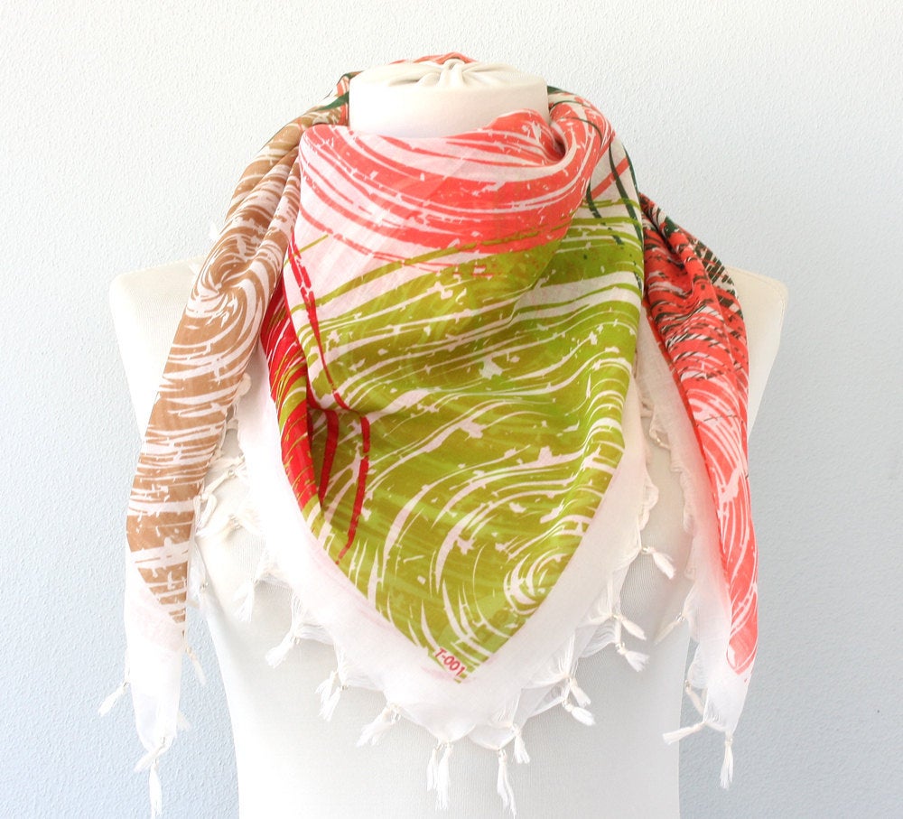 Red And Green Square Scarf, Beaded Fringe Scarf, Ladies Scarves For Women, Gift For Girlfriend