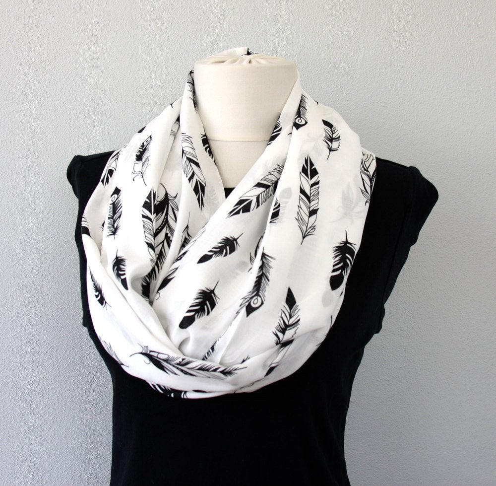 Feather Black And White Scarf, Boho Infinity Scarves For Women