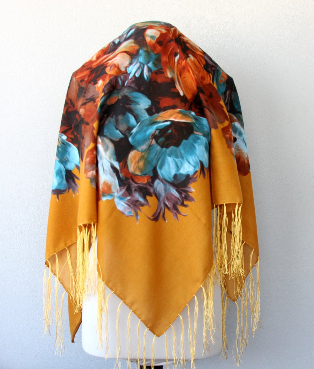Mothers Day Gift For Her Mustard Yellow Scarf Floral Fringe Shawl Fringing Scarf Winter Fashion Scarves For Women Birthday Gift