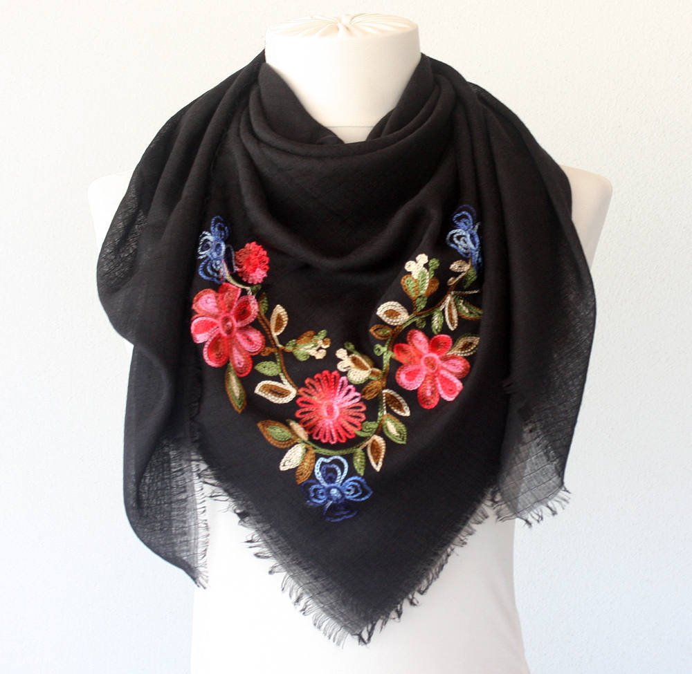 Black Square Scarf, Embroidery Floral Scarves For Women, Head Scarf For Summer, Gift For Her