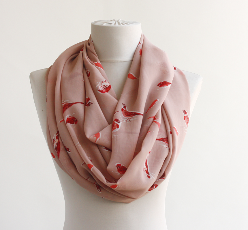 Spring Scarf With Bird Prints Coral Pink Summer Scarf