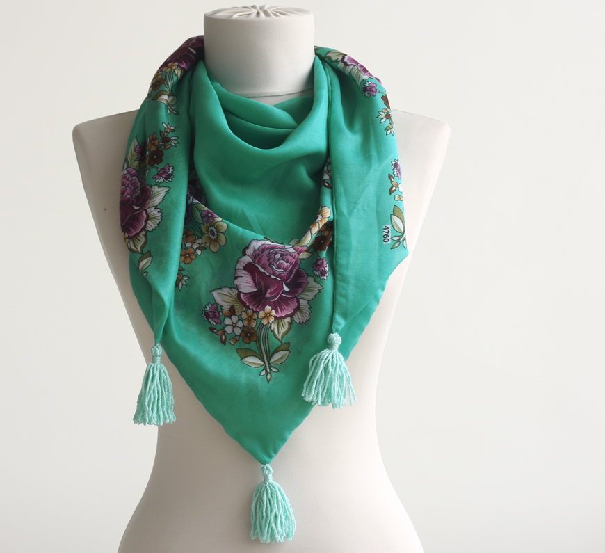 Spring Scarf Green Floral Traditional Turkish Yemeni Scarf With Tassel