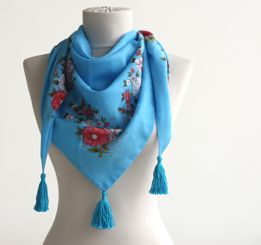 Turquoise Blue Floral Traditional Turkish Yemeni Scarf With Tassel