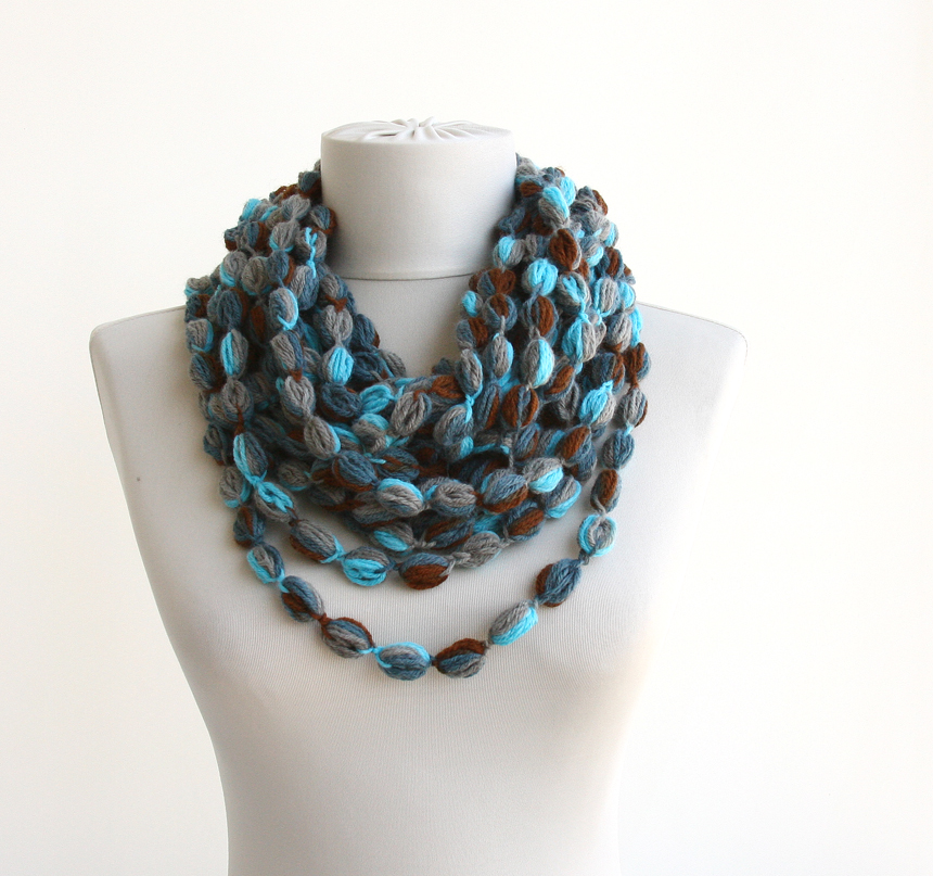 Crochet Bubble Scarf Necklace Blue Chain Scarf Infinity Scarf For Women