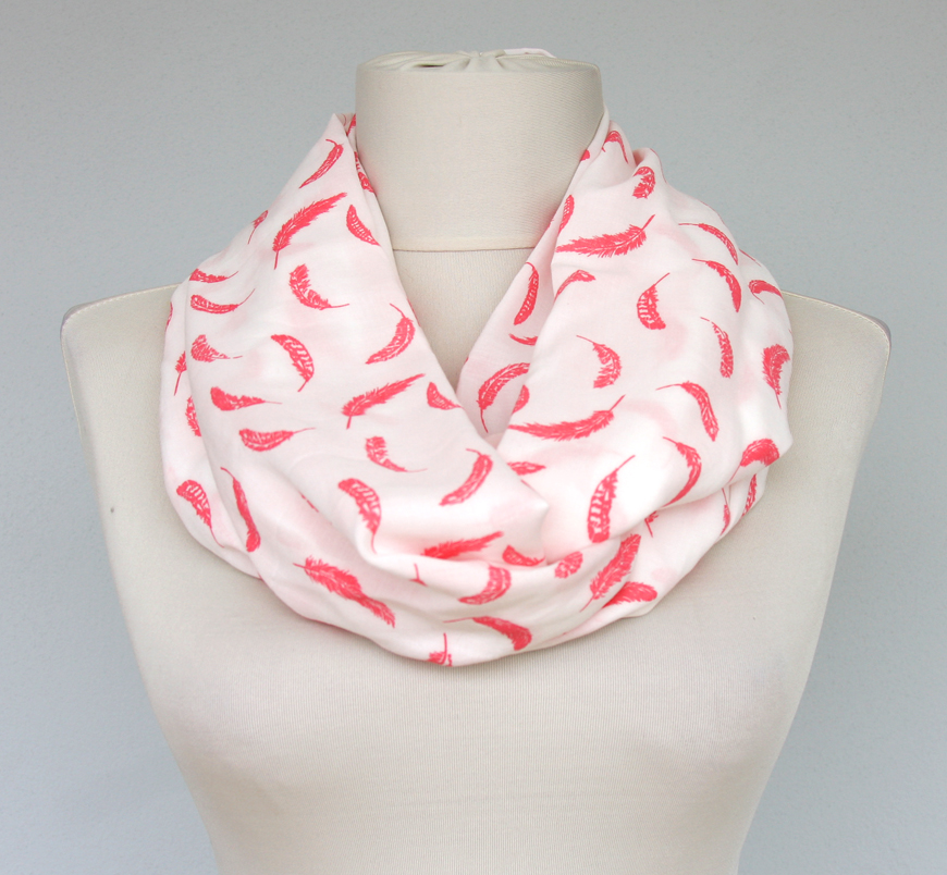 Feather Infinity Scarf Coral Pink And White Womens Summer Scarf