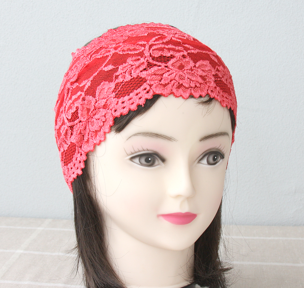 Coral Red Elastic Lace Headband Adult Women