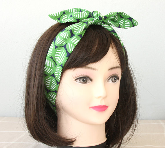 Green Headband Leaf Print Head Wrap Hair Accessories Adult Headband Woman Rockabilly Headband Tie Up Headband Bandana Hair Wrap Gift For Her