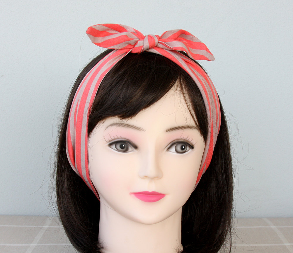 Striped Headband Orange And Beige Headband Stripe Head Wrap 50's Hair Wrap Self Tie Headband Rockabilly Headband Adult Headband Woman