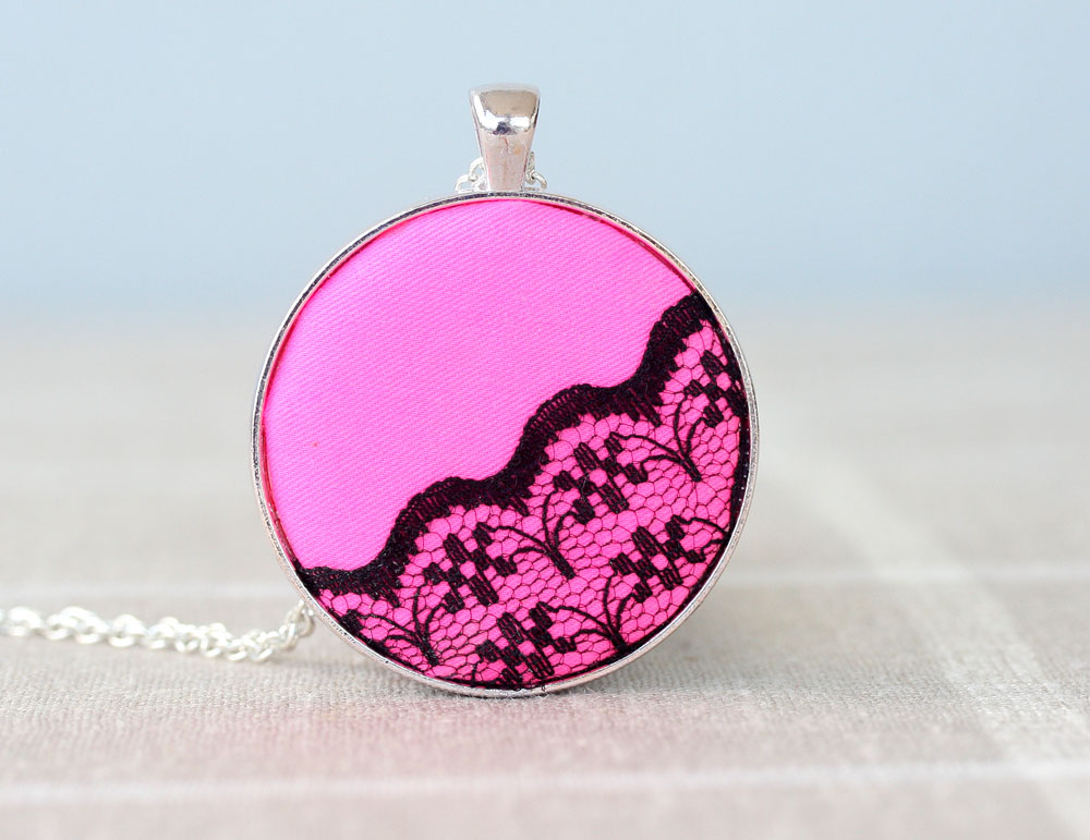 Acid Pink Pendant Necklace With Black Lace Fabric Necklace Textile Jewelry Teenage Girl Gift For Her Birthday Party Favor Bridesmaids Jewelry