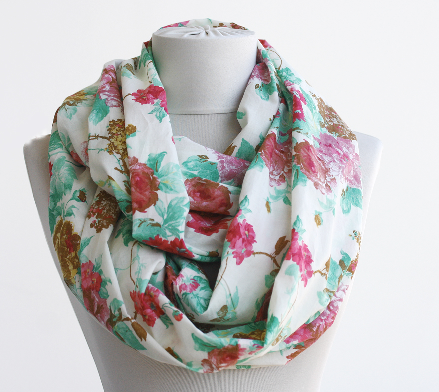 Cotton Infinity Scarf Floral Spring Scarf Red And Mint Green on Luulla